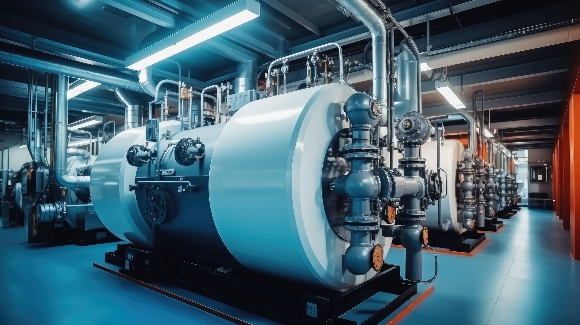 Wide view of a large grey industrial cylindrical boiler unit with associated pressure gauges, valves, and metal piping in a factory setting.