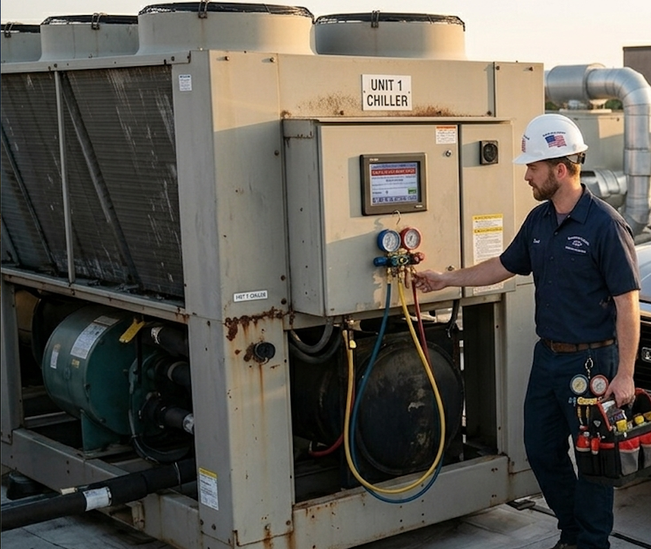 A plumber in blue overalls kneels on a white tile floor to inspect the drainage pipes under a kitchen sink, with a red toolbox nearby.
