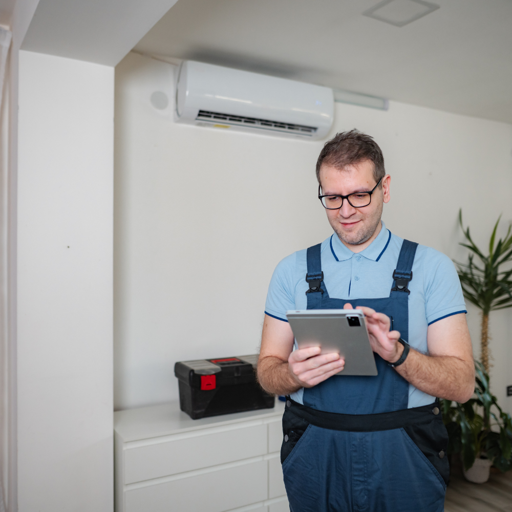A technician in blue overalls standing in a bright room, looking down at a digital tablet with a toolbox in the background.