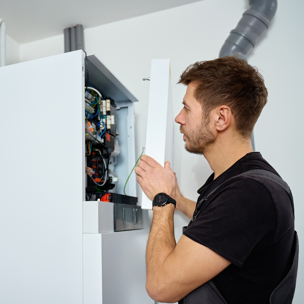 A profile view of a specialist inspecting the internal wiring and components of an open electrical or HVAC control panel.
