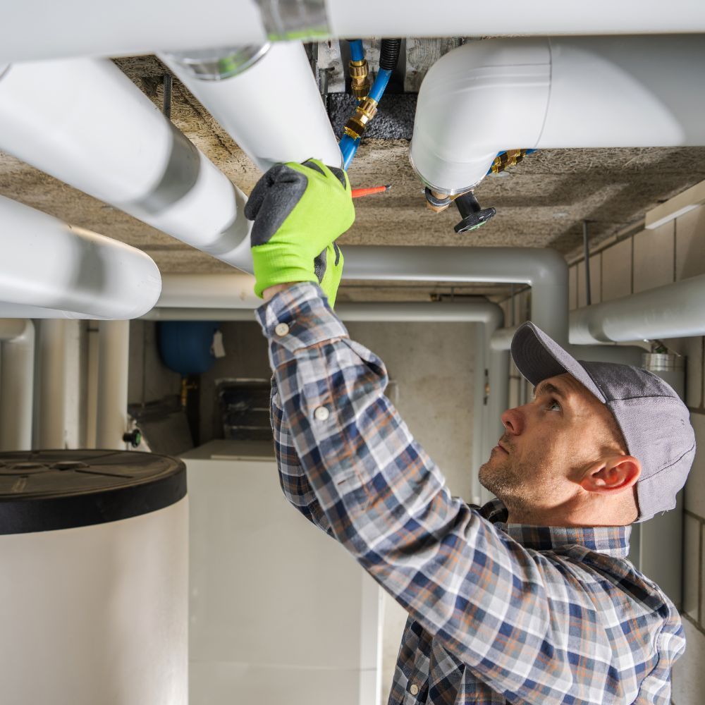 Service technician insulating overhead pipes in a mechanical room or basement setting.