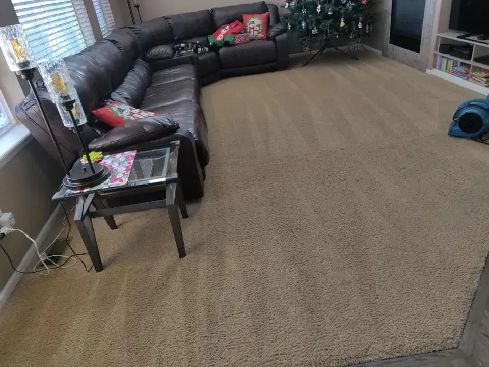A living room with a sectional couch and a christmas tree.