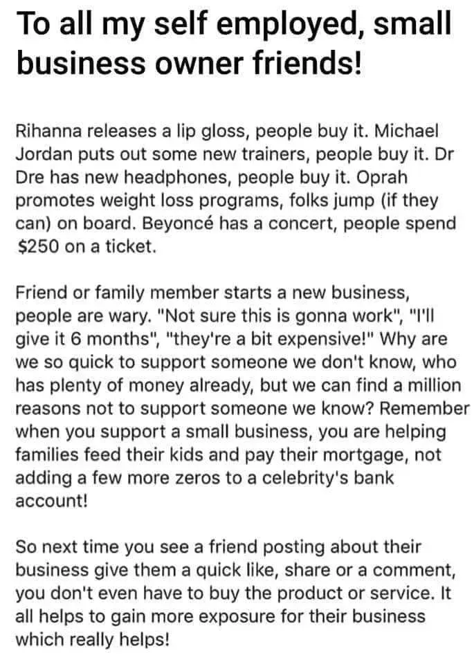 A text that says to all my self employed small business owner friends