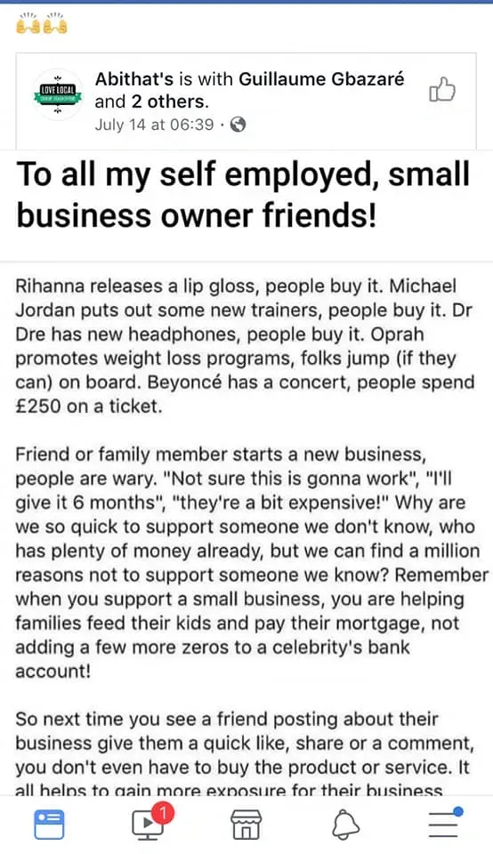 A screenshot of a facebook post that says `` to all my self employed , small business owner friends ! ''