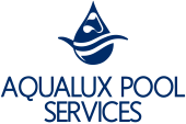 Logo for Aqualux Pool Services, featuring a dark blue water droplet with swirling lines over text that says “AQUALUX POOL SERVICES”.