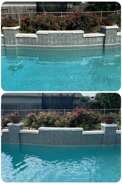 Two views of a pool: top shows bright teal water; bottom is darker. Both display stone walls, planters, and greenery.