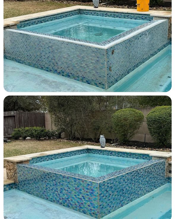 Two images of a small square pool with blue mosaic tiles. The top image shows the pool with a neutral tile and the bottom with vibrant blue and green tiles.