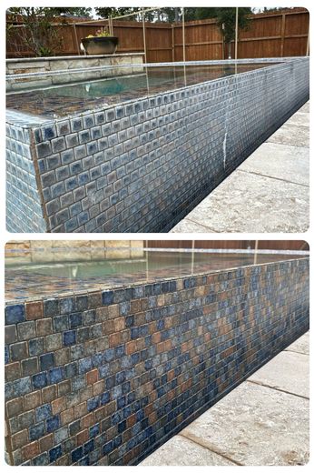 Two views of a pool's tiled edge. The tiles are a mix of blue, brown, and grey, with water visible inside.