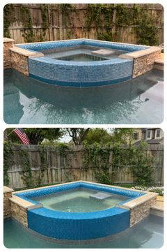 Two photos of a square-shaped hot tub with blue tile and stone trim, surrounded by a swimming pool. The background shows a fence and greenery.