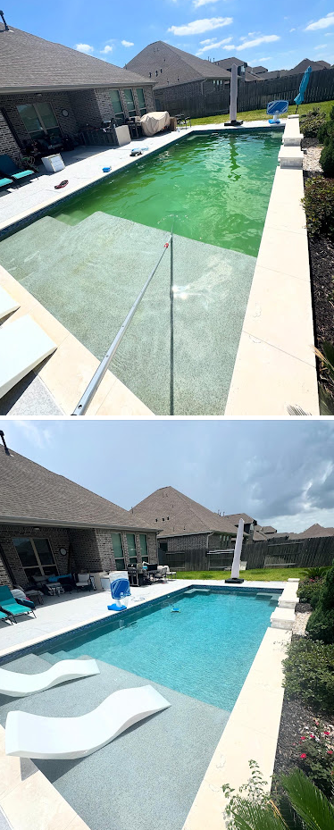 A before-and-after view of a rectangular pool, transforming from murky green water to clear blue. The pool is set in a backyard with lounge chairs and a house.