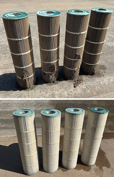 Dirty pool filter cartridges before and after cleaning, showing brown dirt and sediment removal.