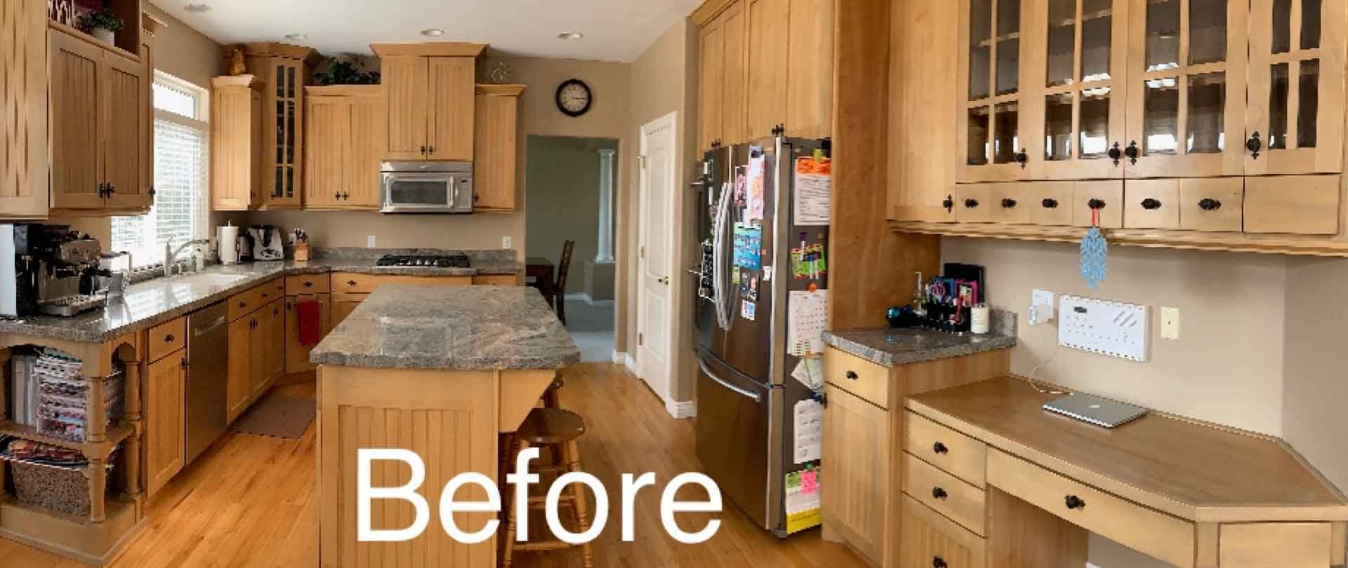 A before and after photo of a kitchen with wooden cabinets and granite counter tops.