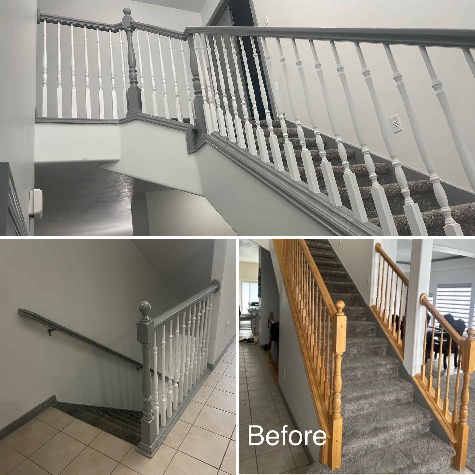 A picture of a staircase before and after being painted