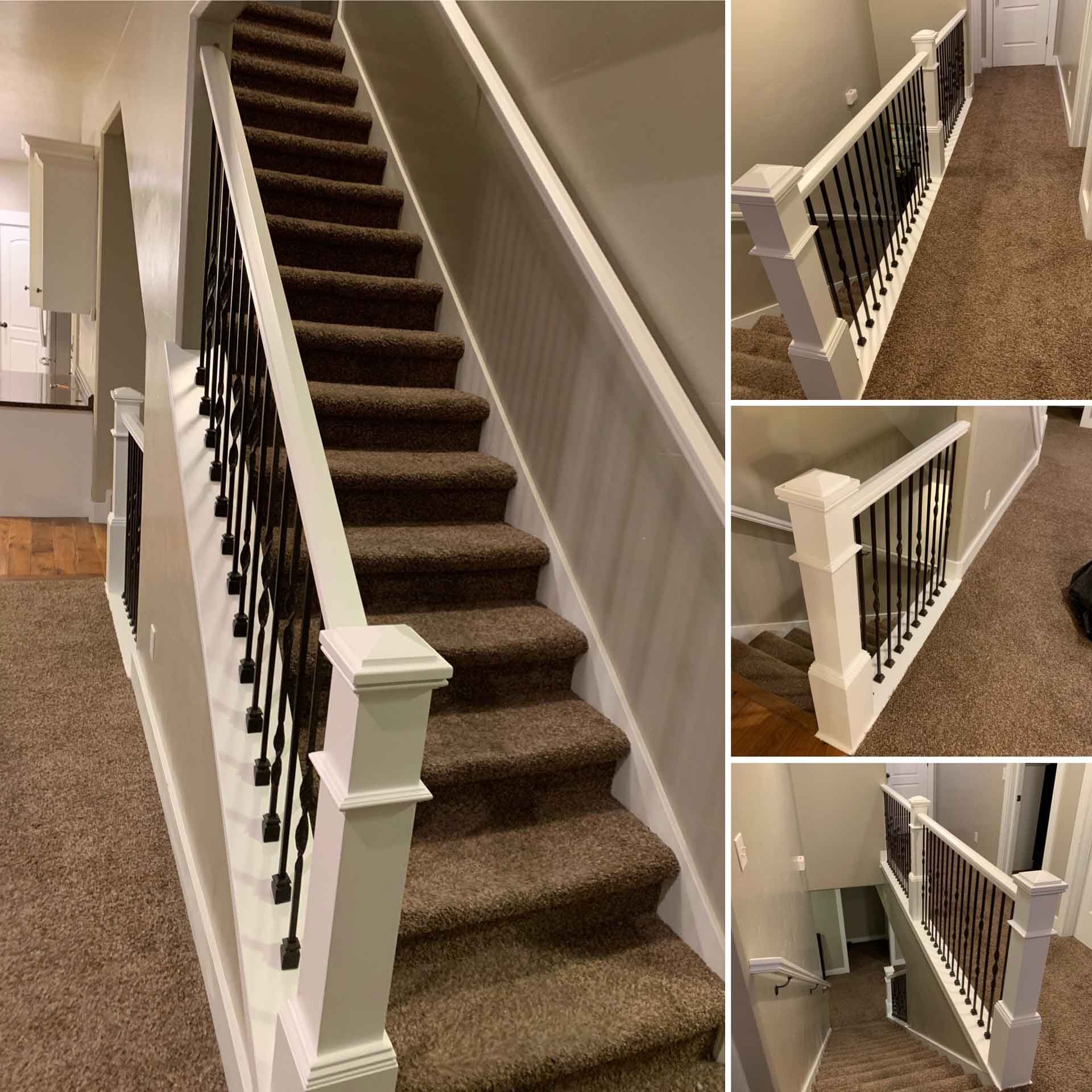 A staircase with carpeted steps and a white railing