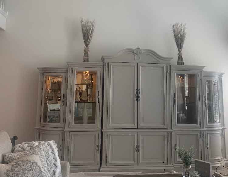 A living room with a lot of cabinets and a couch.