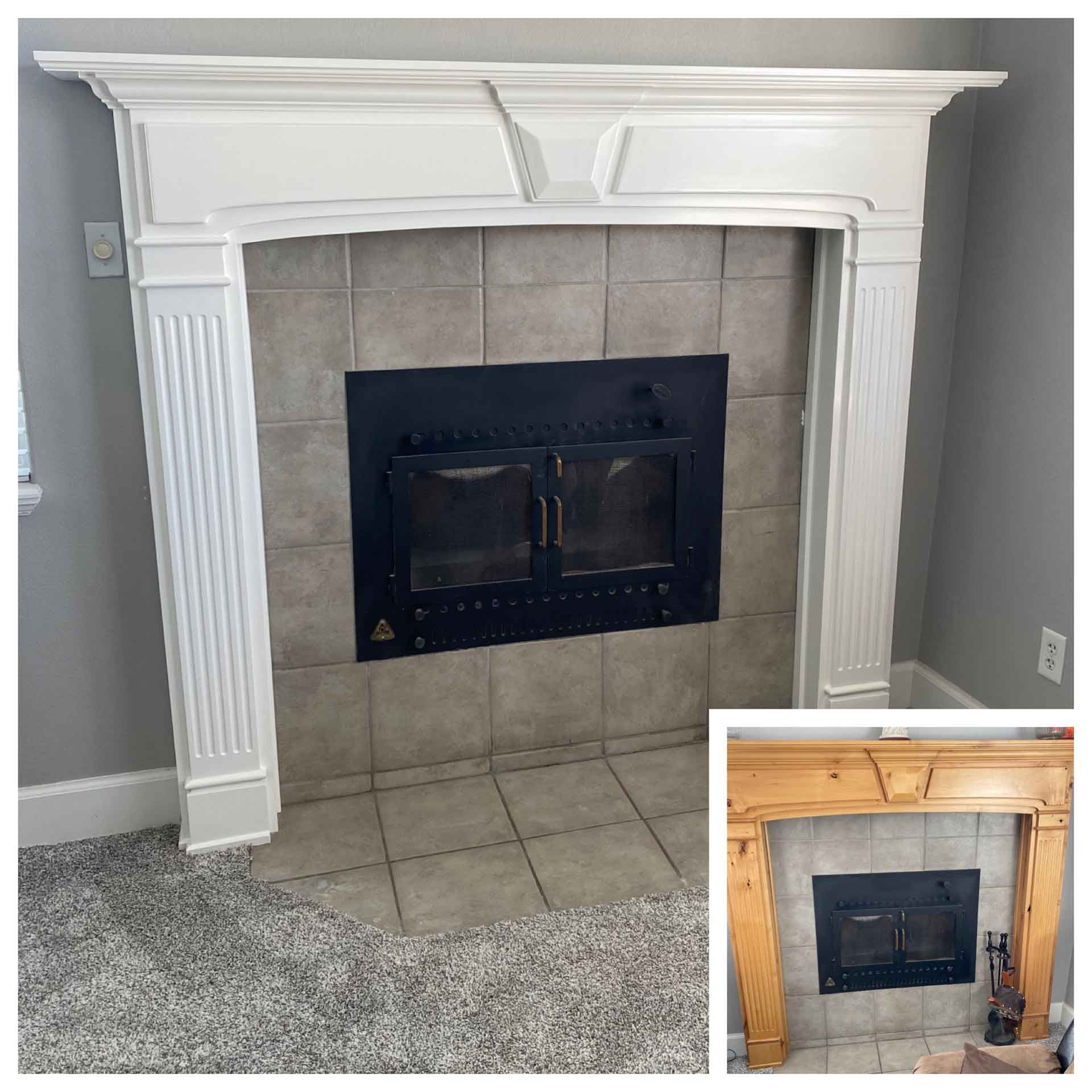 A before and after picture of a fireplace in a living room.