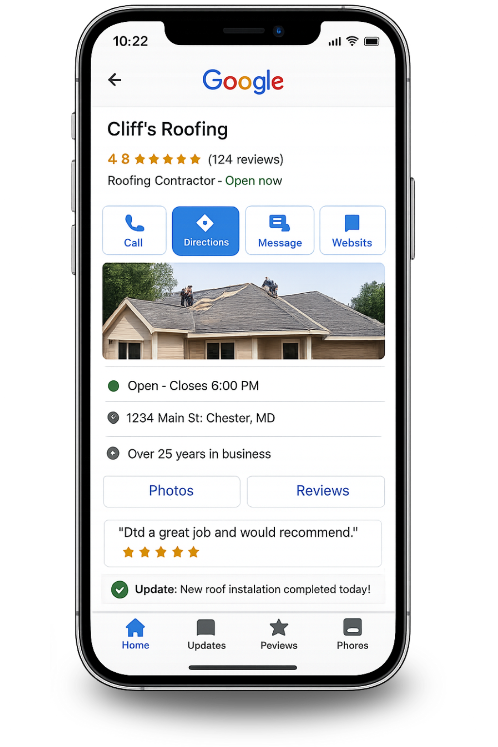 Google business profile for Cliff's Roofing on a smartphone, showing contact info, a photo of a roof, and reviews.