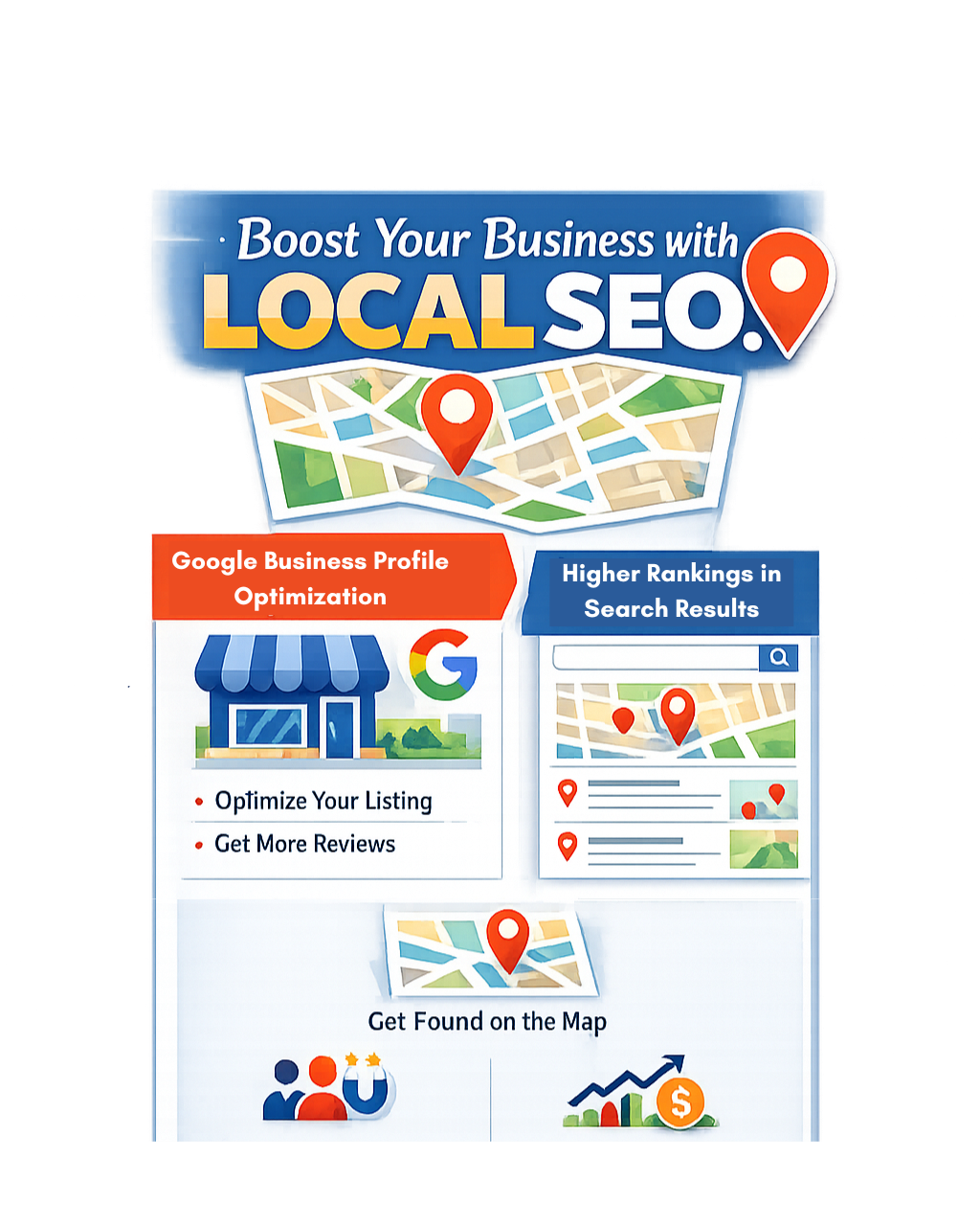 Infographic: Boost your business with local SEO. Includes map, Google Business profile, and getting found on the map.