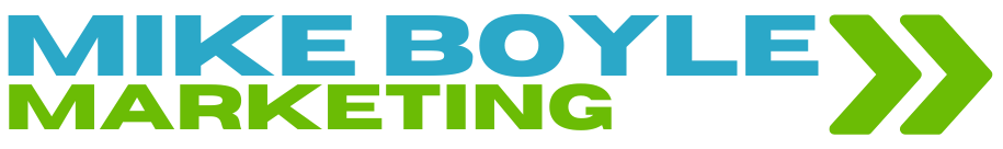 Mike Boyle Marketing logo with teal text above green text and green double right arrows.