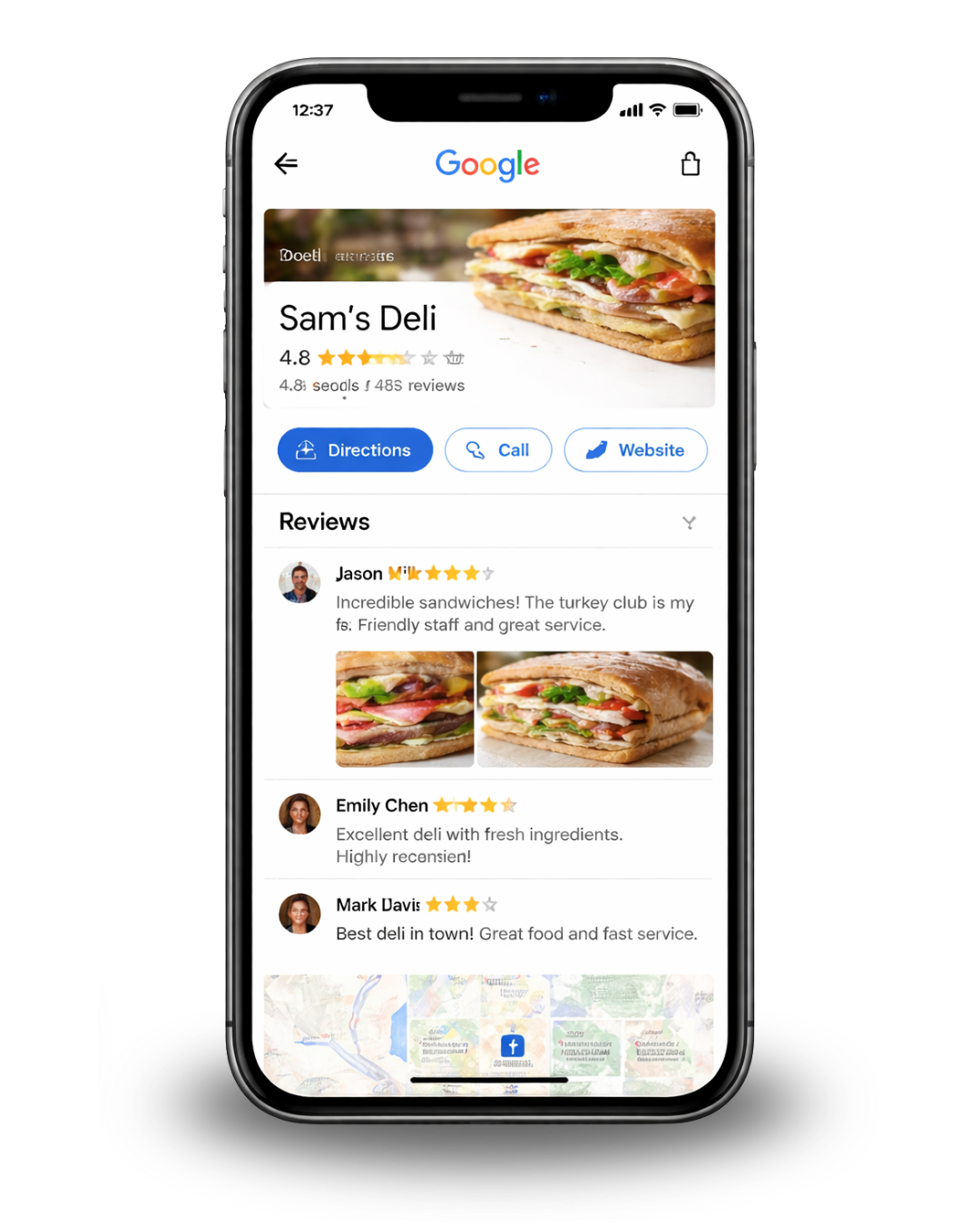 Google Maps listing for Sam's Deli on a smartphone; includes photo, reviews, and directions.