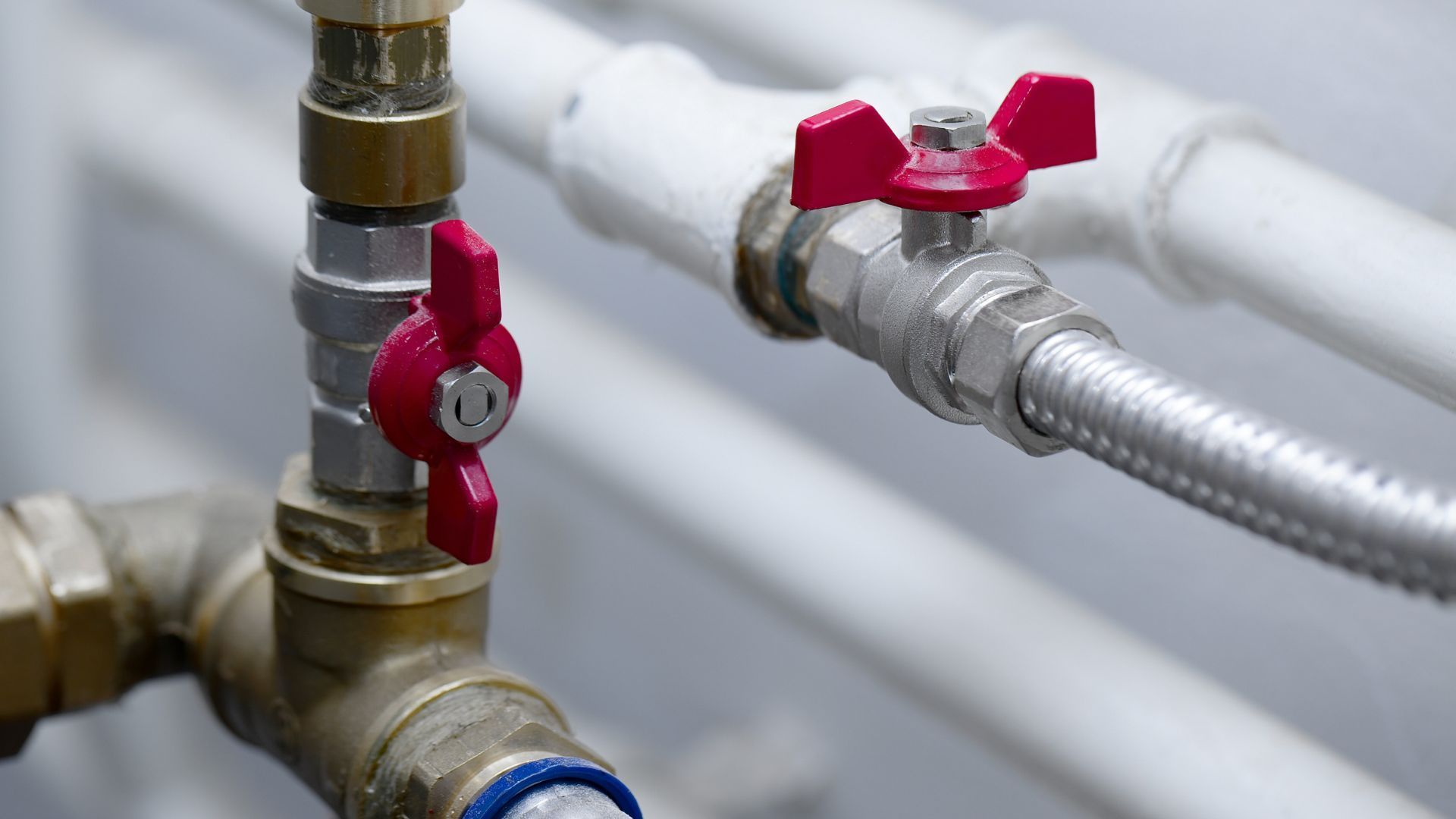 A close up of a water pipe with a red valve.