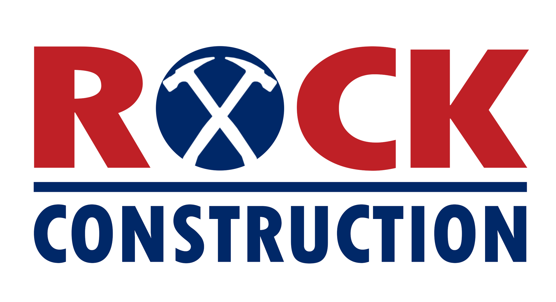 Rock Construction logo: red text "ROCK" with a blue and white crossed pickaxe icon, and "CONSTRUCTION" below in blue.