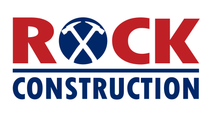 Rock Construction logo: red text "ROCK" with a blue and white crossed pickaxe icon, and "CONSTRUCTION" below in blue.