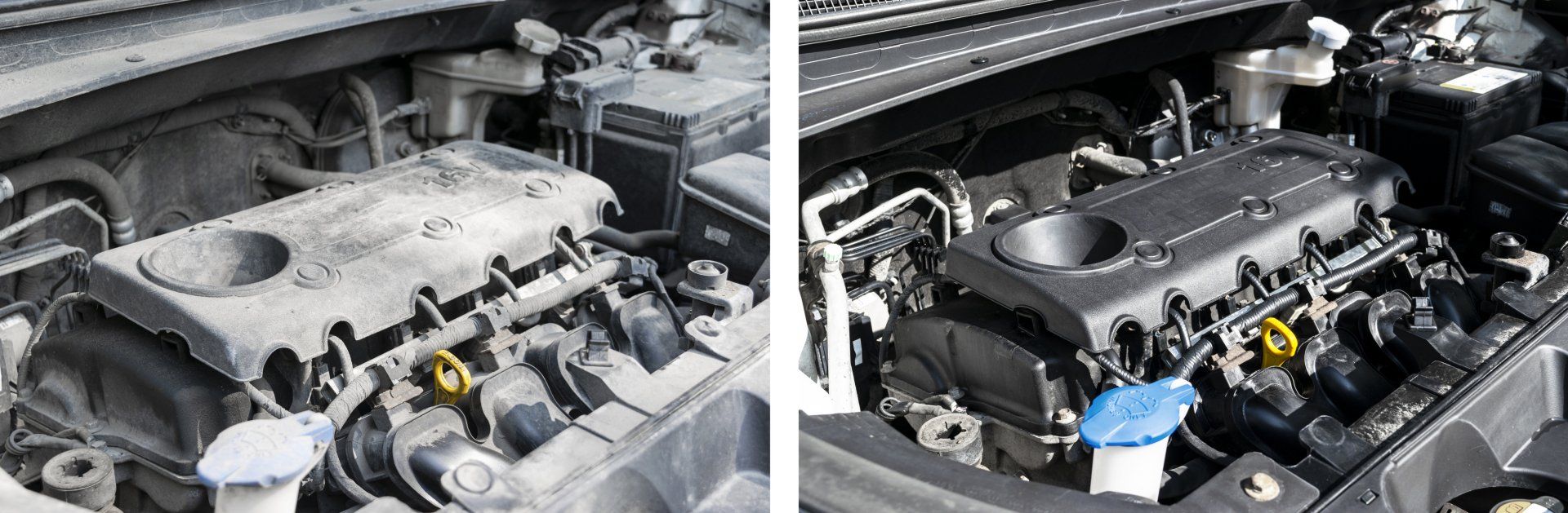 a before and after picture of an engine on a car after it was cleaned and detailed