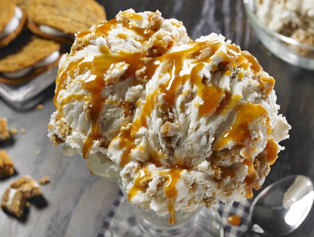 A bowl of ice cream with caramel sauce on top