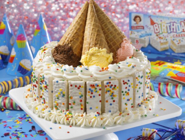 A birthday cake with ice cream cones on top of it