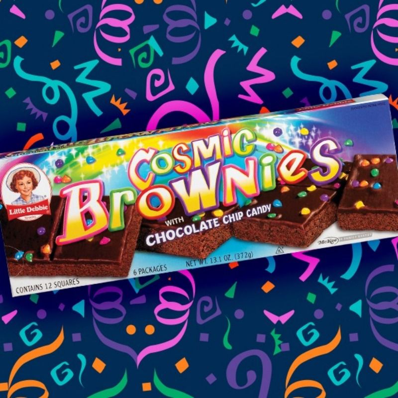 A box of cosmic brownies with chocolate chip candy
