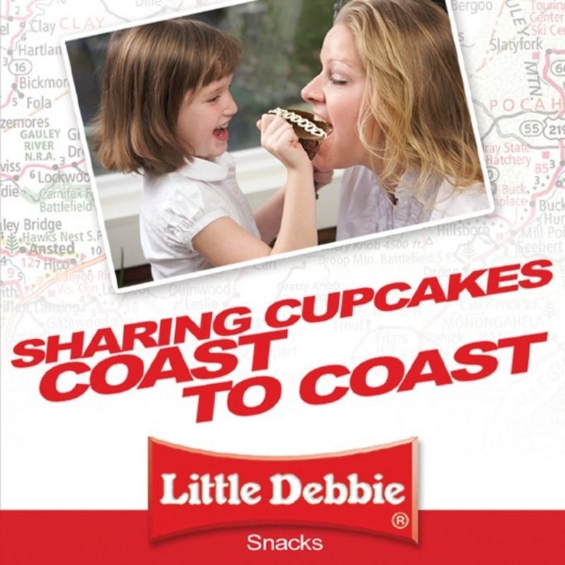 An advertisement for little debbie snacks that says sharing cupcakes coast to coast