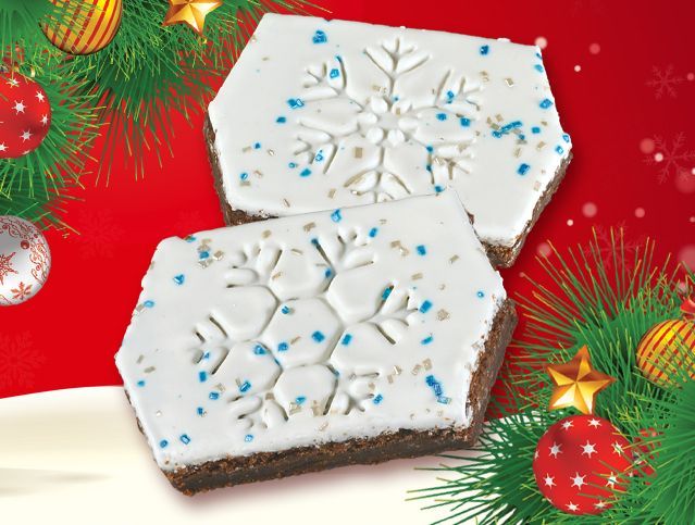 Two cookies with snowflakes on them on a red background