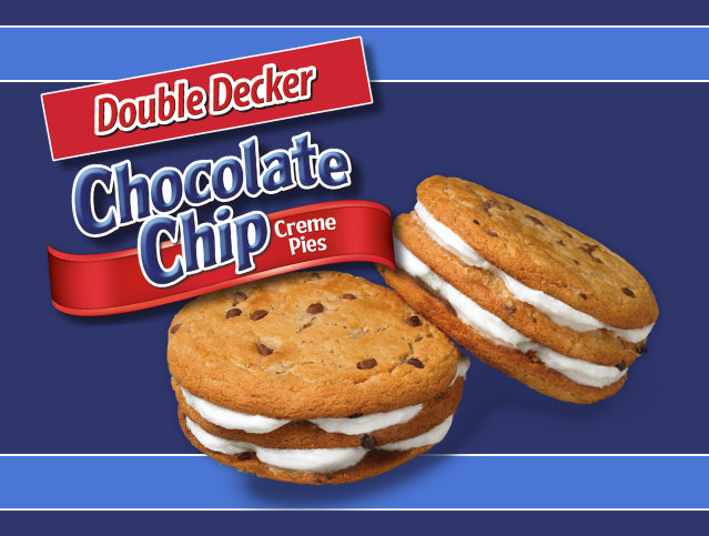 two double layer chocolate chip creme pie cookies on a blue background