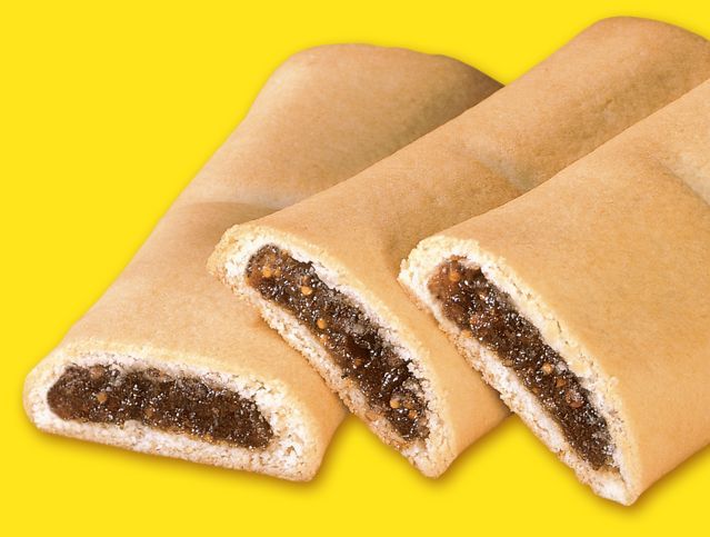 Three pieces of bread with a filling on a yellow background