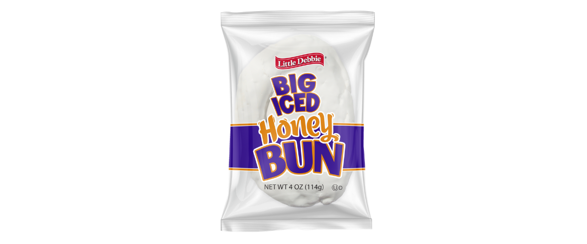 A bag of big iced honey buns on a white background.