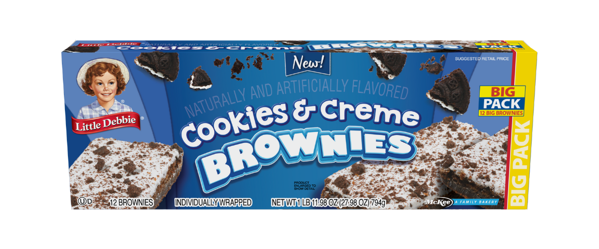 A box of cookies and creme brownies on a white background.