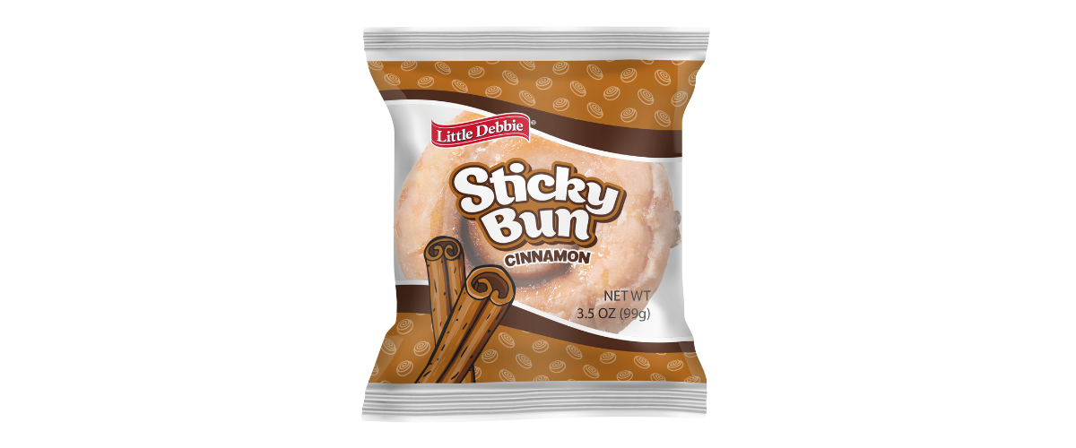 A bag of sticky buns with cinnamon sticks on a white background.