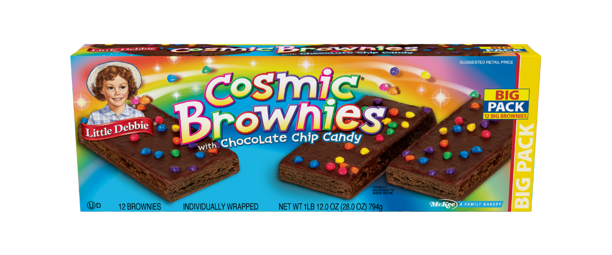 A box of cosmic brownies with chocolate chips and candy