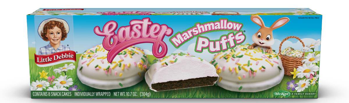 A box of easter marshmallow puffs with a bunny on it