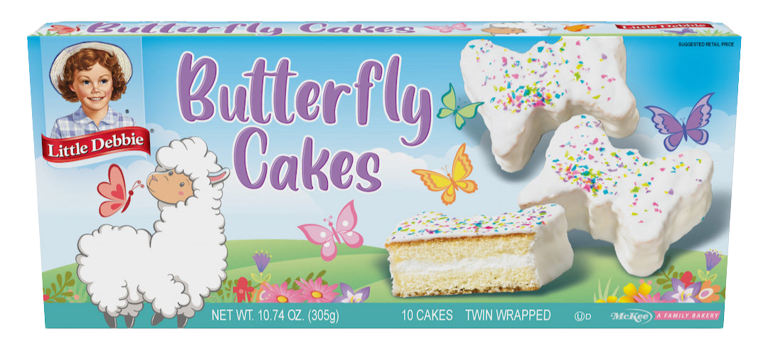 A box of butterfly cakes with a llama and butterflies on it.