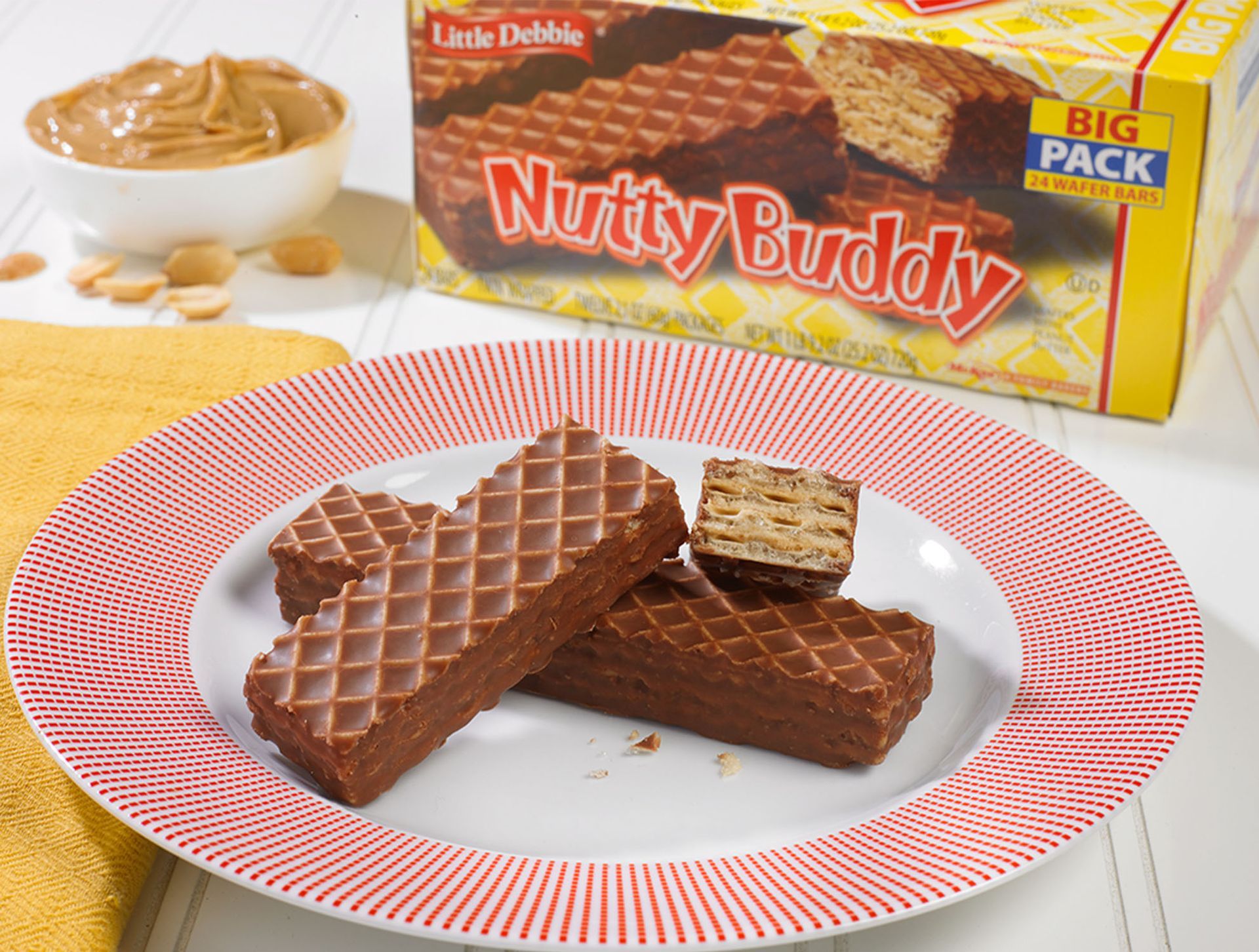 A plate of nutty buddy wafers next to a box
