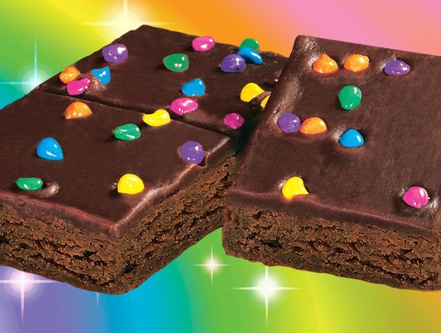 A chocolate brownie with rainbow sprinkles on top