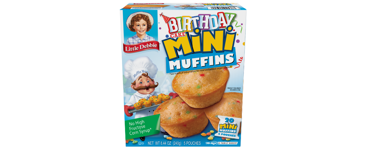 A box of birthday mini muffins on a white background.