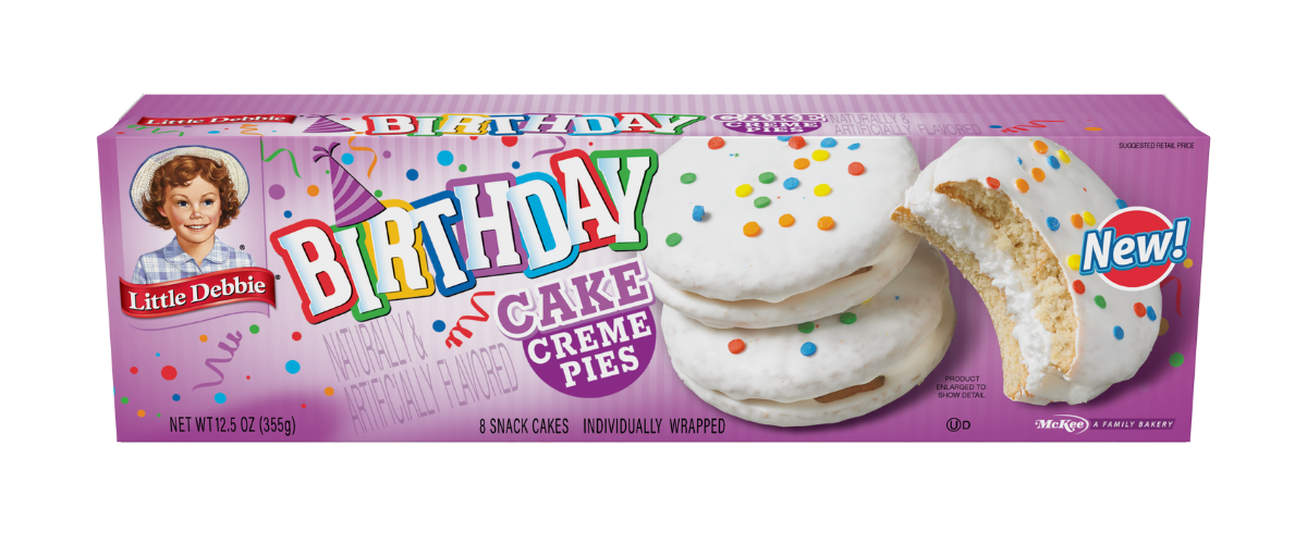 A box of birthday cake creme pies on a white background.