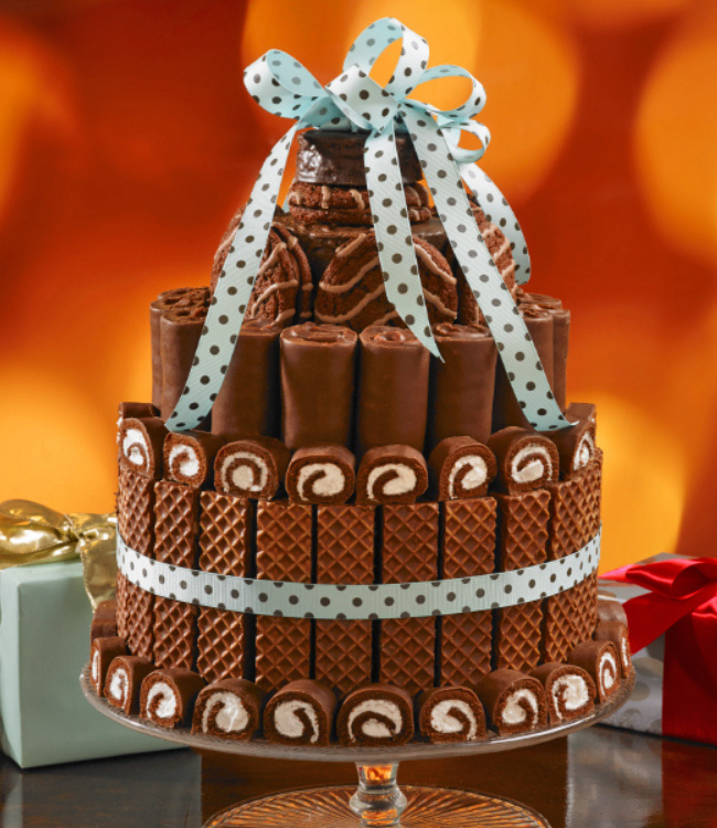 celebration cake with swiss rolls, nutty buddy wafer bars and fudge rounds
