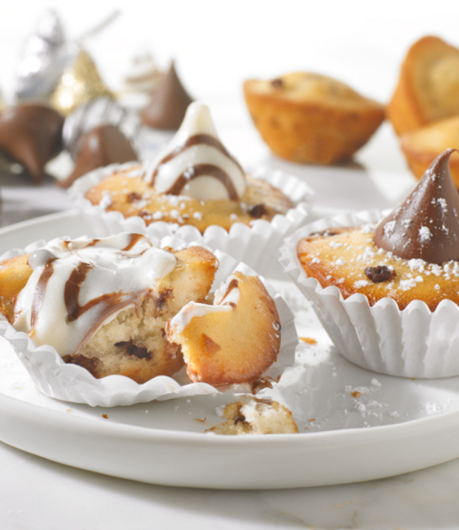 chocolate chip mini muffins topped with chocolate candies as thumbprint 