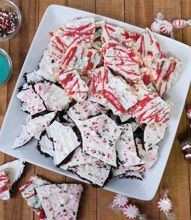 Christmas Bark using Christmas Tree Cakes on a plate