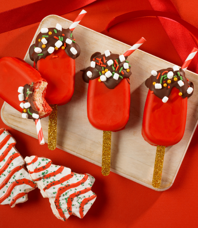 christmas tree cake pops decorated as hot chocolate