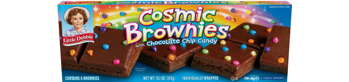 a box of cosmic brownies with chocolate chip candy